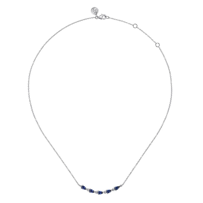14K White Gold Diamond and Pear Sapphire Bar Necklace