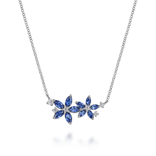14K White Gold Diamond and Marquise Sapphire Floral Pendant Necklace