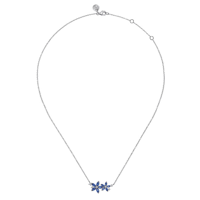 14K White Gold Diamond and Marquise Sapphire Floral Pendant Necklace