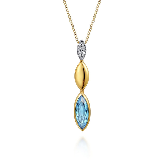 14K White and Yellow Gold Diamond and Marquise Blue Topaz Drop Necklace