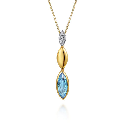 14K White and Yellow Gold Diamond and Marquise Blue Topaz Drop Necklace