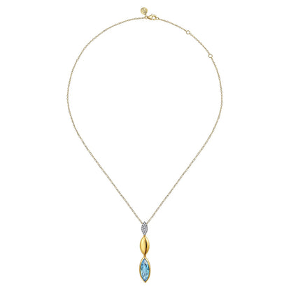 14K White and Yellow Gold Diamond and Marquise Blue Topaz Drop Necklace