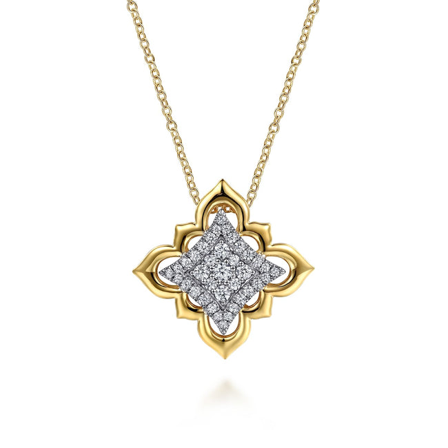 18K White & Yellow Gold Graduating Diamond Floral Pendant Necklace