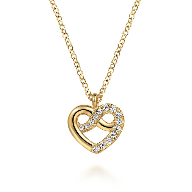 14K Yellow Gold Diamond Love Knot Heart Pendant Necklace