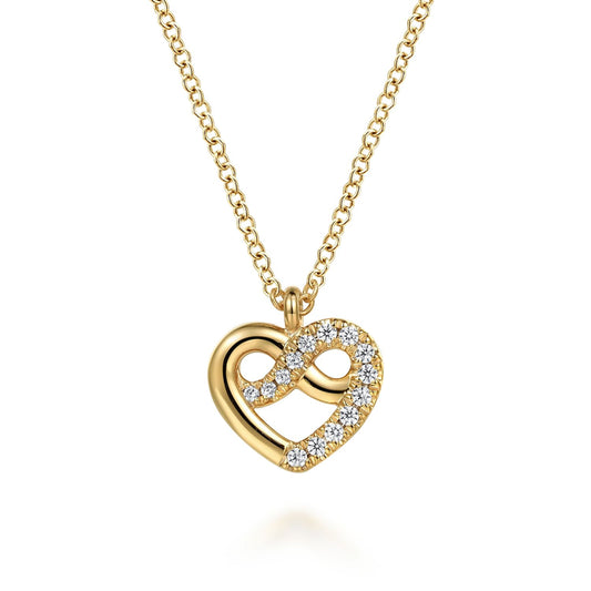 14K Yellow Gold Diamond Love Knot Heart Pendant Necklace
