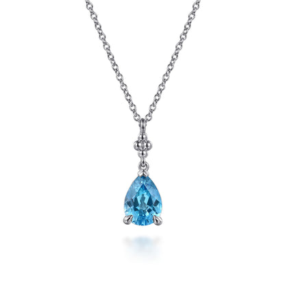 925 Sterling Silver Pear Blue Topaz Bujukan Pendant Necklace