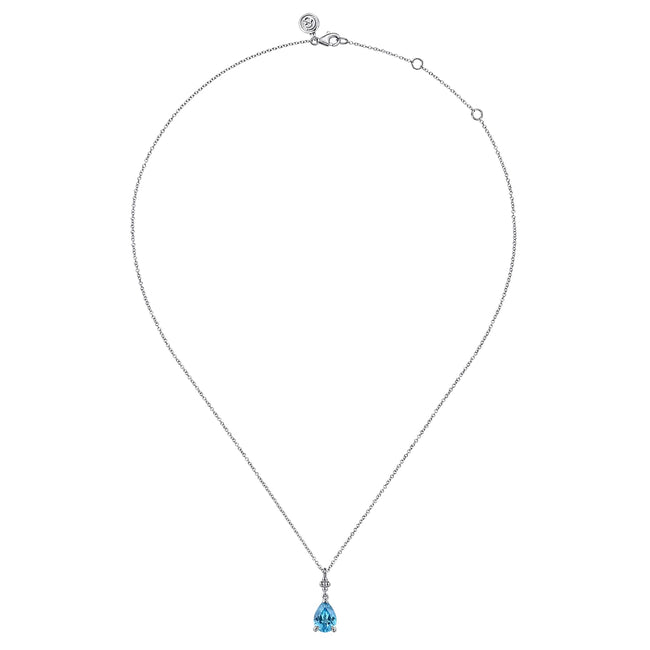925 Sterling Silver Pear Blue Topaz Bujukan Pendant Necklace