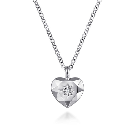 925 Sterling Silver Diamond Cut Heart Pendant Necklace
