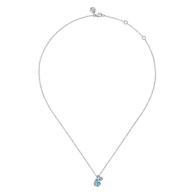 925 Sterling Silver Pear Blue Topaz Bujukan Pendant Necklace