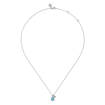 925 Sterling Silver Pear Blue Topaz Bujukan Pendant Necklace