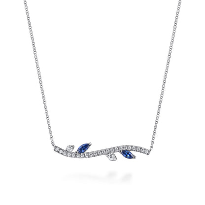 14K White Gold Diamond and Sapphire Floral Bar Necklace