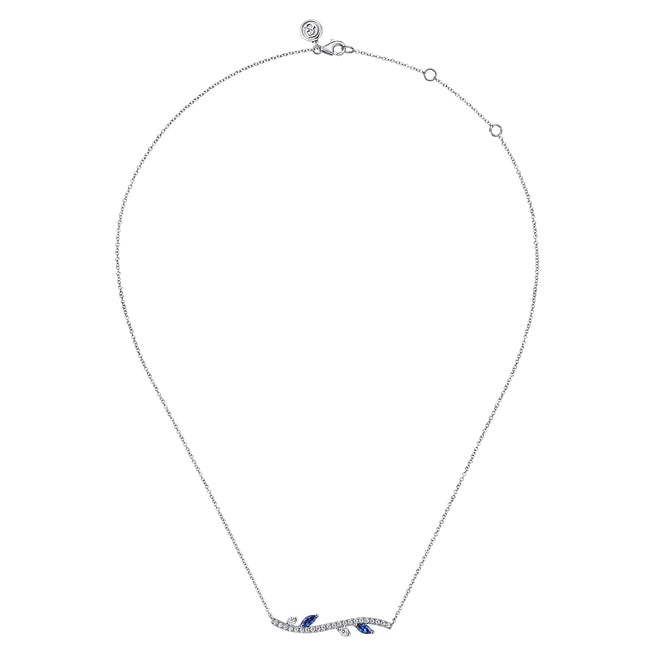 14K White Gold Diamond and Sapphire Floral Bar Necklace