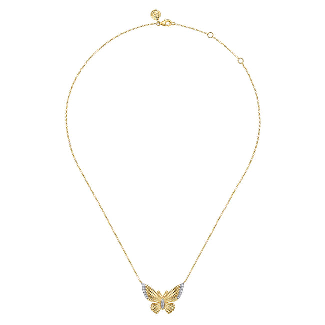 14K Yellow Gold Diamond Butterfly Pendant Necklace