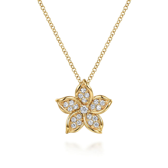 14K Yellow Gold Diamond Floral Pendant Necklace