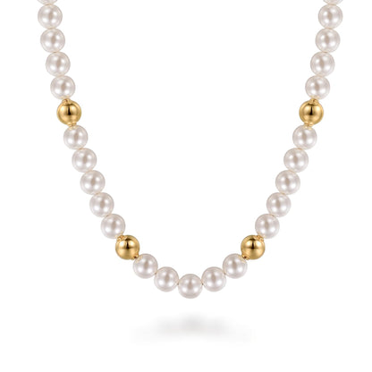 14K Yellow Gold Bujukan Beads and Pearl Station Necklace