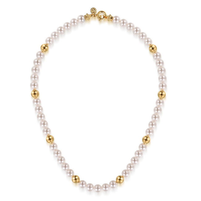 14K Yellow Gold Bujukan Beads and Pearl Station Necklace