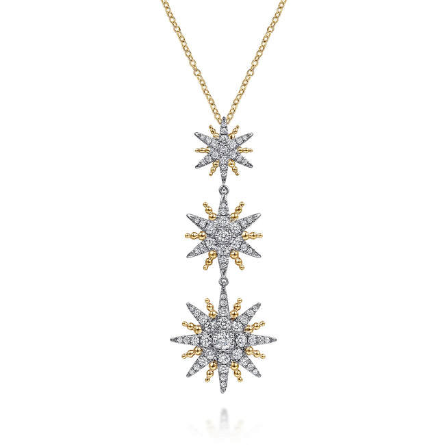 14K White & Yellow Gold Bujukan Diamond Starburst Drop Pendant Necklace