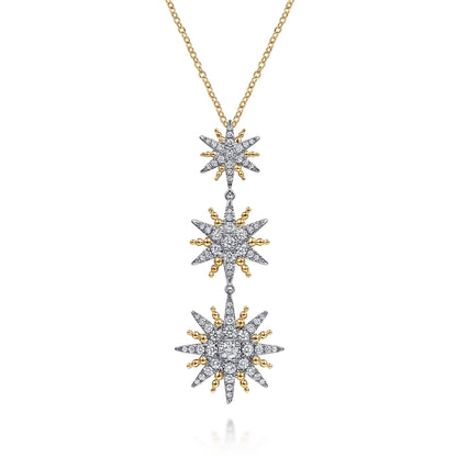14K White & Yellow Gold Bujukan Diamond Starburst Drop Pendant Necklace