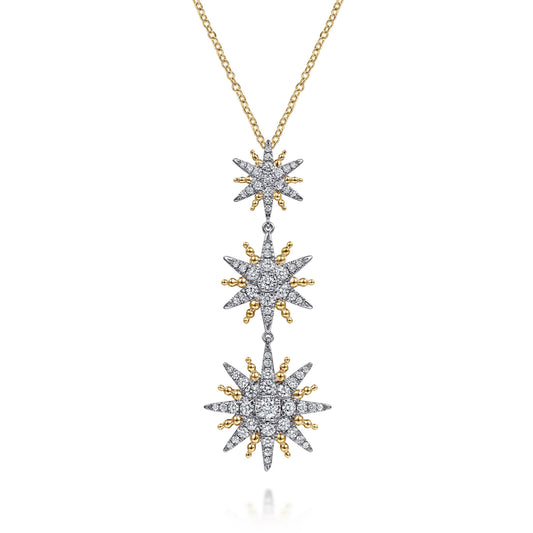 14K White & Yellow Gold Bujukan Diamond Starburst Drop Pendant Necklace
