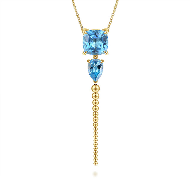 14K Yellow Gold Bujukan and Blue Topaz Pendant Drop Necklace