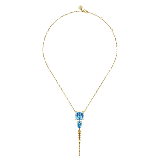 14K Yellow Gold Bujukan and Blue Topaz Pendant Drop Necklace