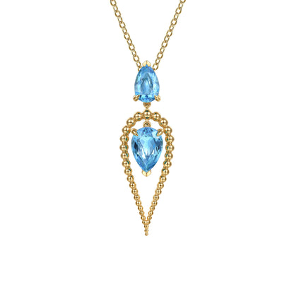 14K Yellow Gold Bujukan and Blue Topaz Pendant Drop Necklace