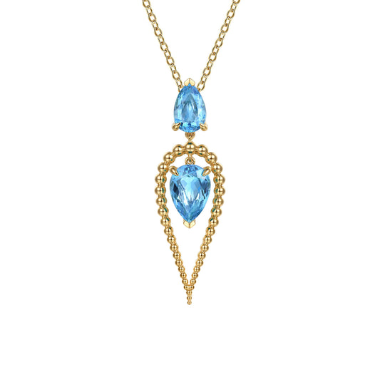 14K Yellow Gold Bujukan and Blue Topaz Pendant Drop Necklace