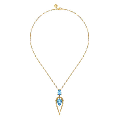 14K Yellow Gold Bujukan and Blue Topaz Pendant Drop Necklace