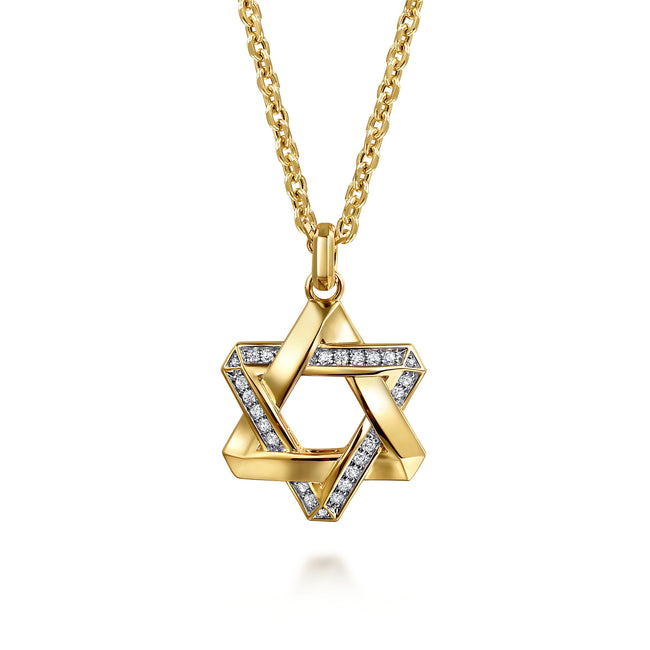22 Inch 14K Yellow Gold Diamond Star of David Pendant Necklace