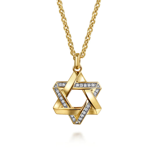 22 Inch 14K Yellow Gold Diamond Star of David Pendant Necklace