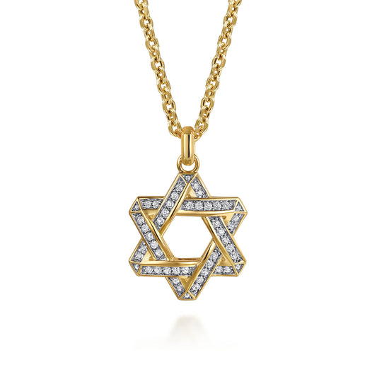 22 Inch 14K Yellow Gold Diamond Star of David Pendant Necklace