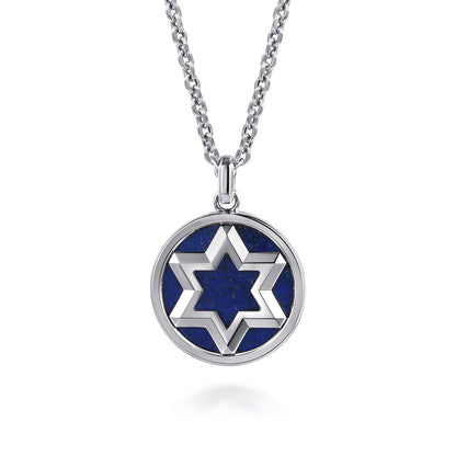 22 Inch 925 Sterling Silver Star of David Lapis Pendant Necklace