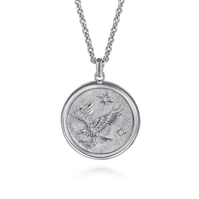 22 Inch 925 Sterling Silver Diamond Eagle Medallion Pendant Necklace