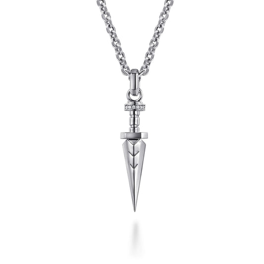 22 Inch 925 Sterling Silver White Sapphire Dagger Pendant Necklace