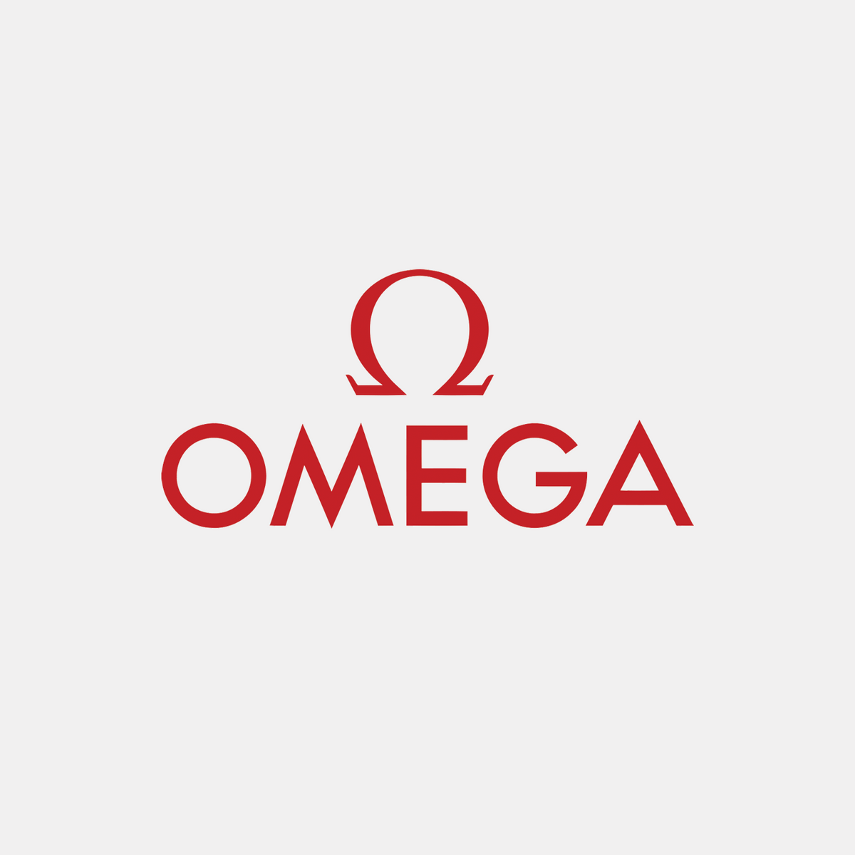 Omega watches brand logo in red on a light gray background.