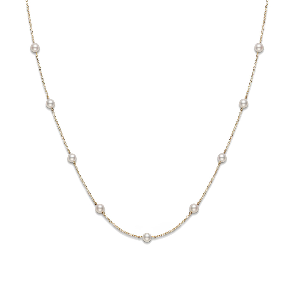 Akoya Cultured Pearl Station Necklace in 18K Yellow Gold