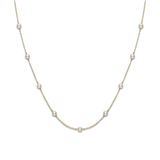 Akoya Cultured Pearl Station Necklace in 18K Yellow Gold