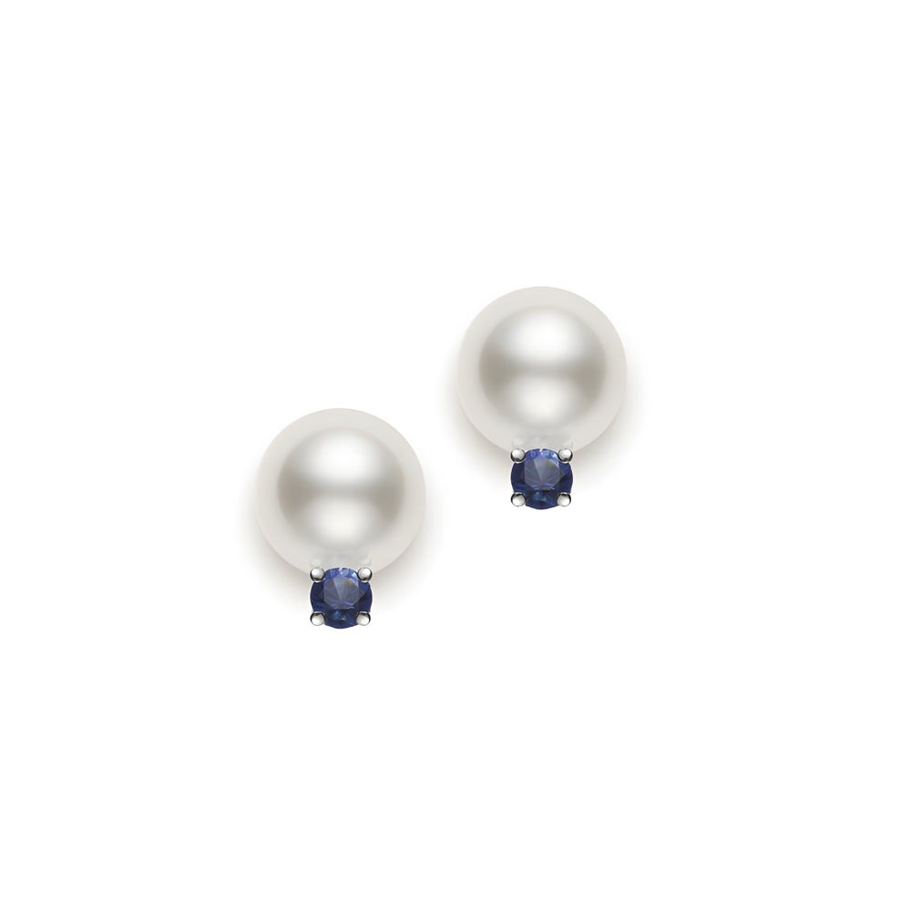 Akoya Cultured Pearl Earrings with Sapphire in 18K White Gold