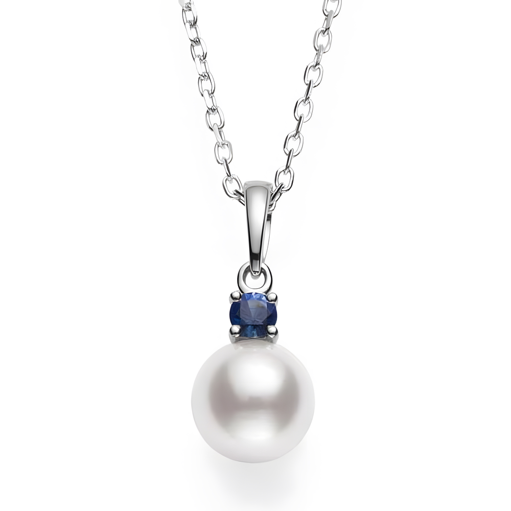 Akoya Cultured Single Pearl Pendant with Sapphire in 18K White Gold
