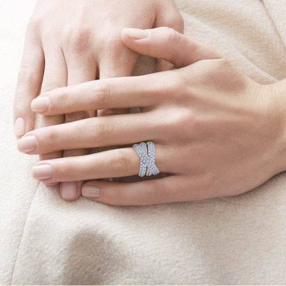 Moonlight 3-Row Crossover Ring with Pavé Diamonds in 18k White Gold