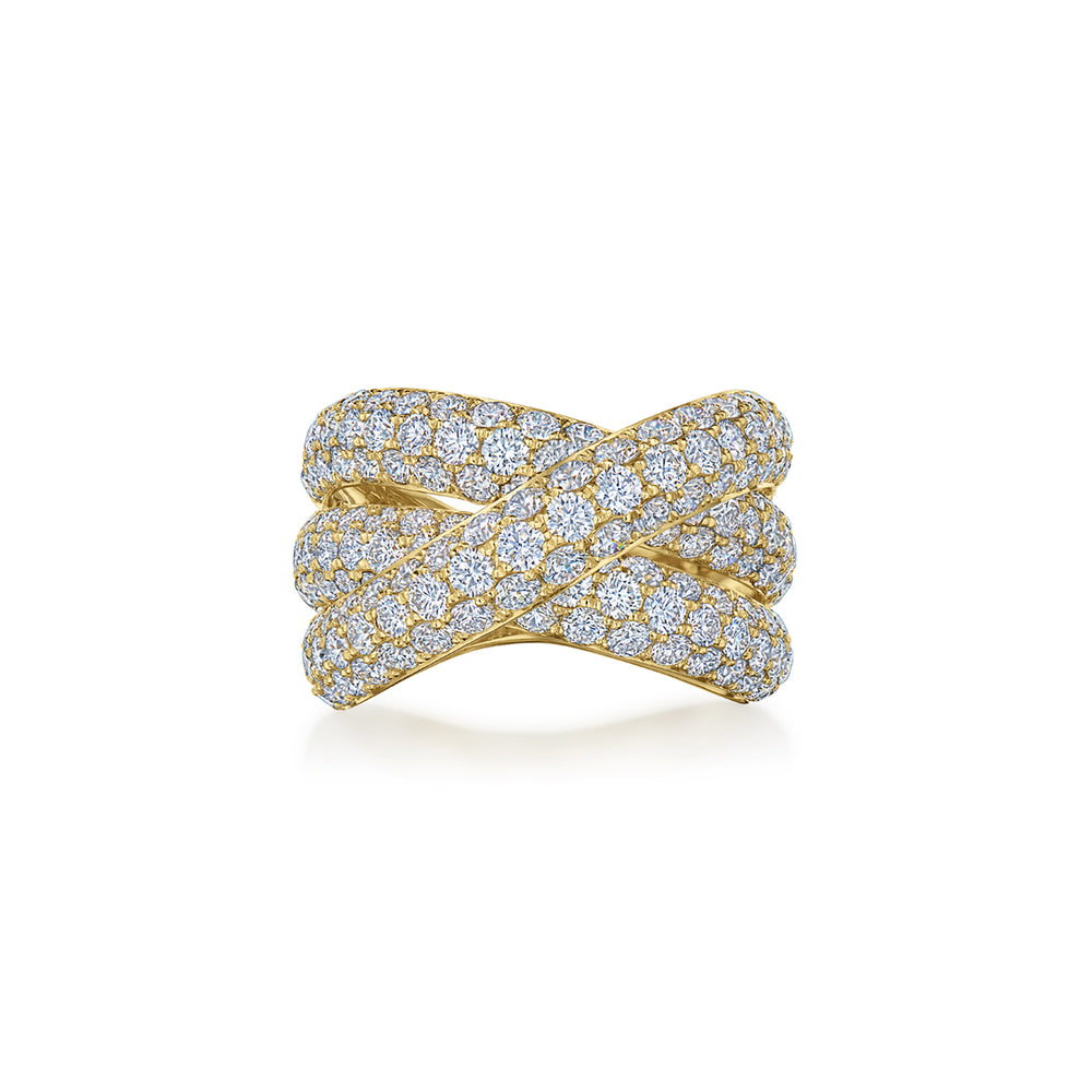 Moonlight 3-Row Crossover Ring with Pavé Diamonds in 18k Yellow Gold