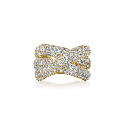 Moonlight 3-Row Crossover Ring with Pavé Diamonds in 18k Yellow Gold