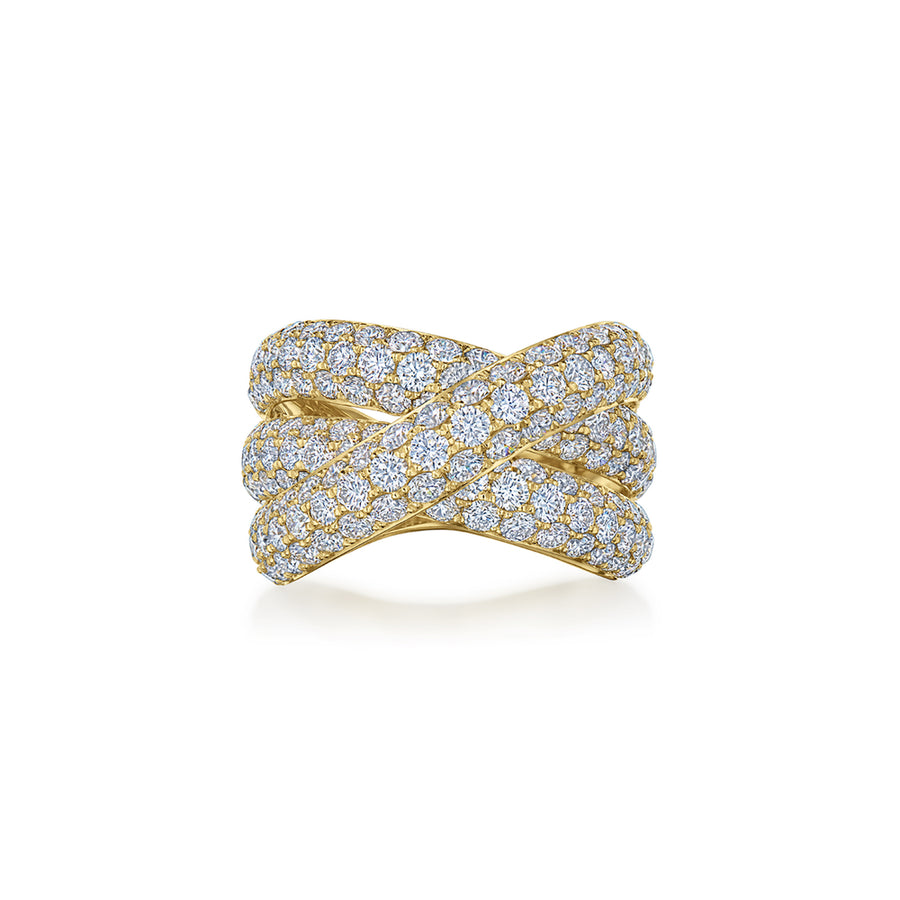 Moonlight 3-Row Crossover Ring with Pavé Diamonds in 18k Yellow Gold