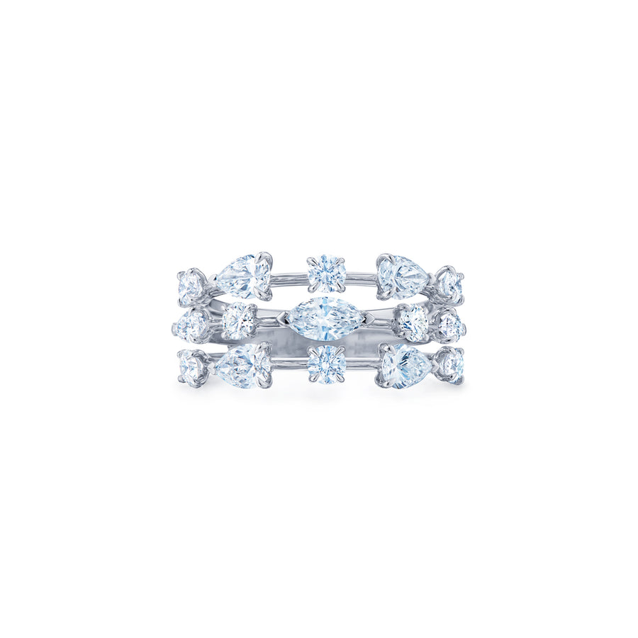 Starry Night 3-Row Ring with Round and Marquise Diamonds in 18K White Gold