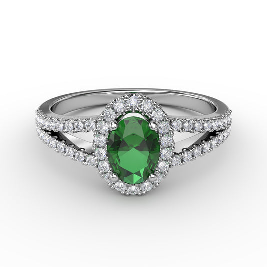 Split Shank Oval Emerald and Diamond Ring