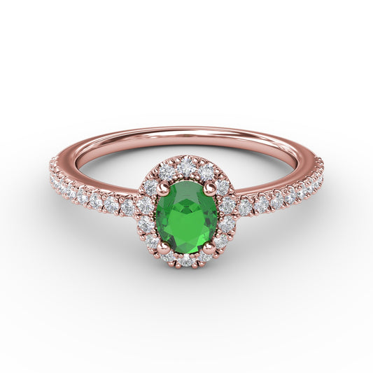Classic Halo Emerald and Diamond Ring