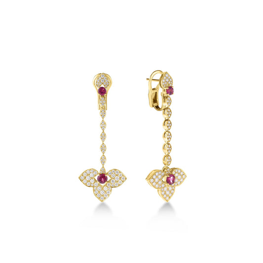 Roberto Coin Venetian Princess Split Flower Dangle Earrings Pavé Diamond, Rubellite in 18K yellow gold