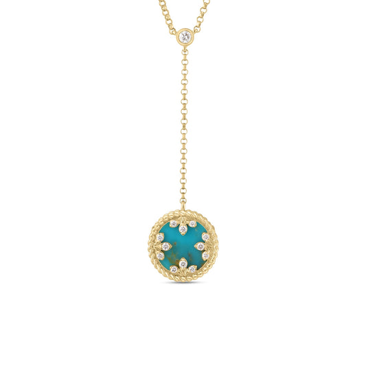Roberto Coin Venetian Medallions Dangle Necklace with turquoise and diamond in 18K yellow gold