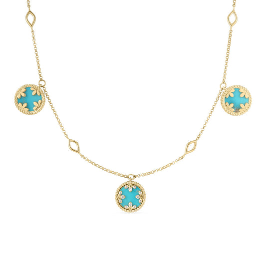 Roberto Coin Venetian Medallions Station Necklace Diamond, Turquoise in 18K yellow gold