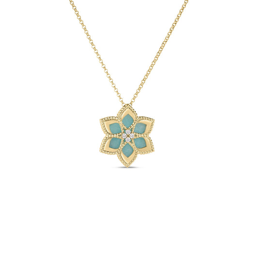 Roberto Coin Vernazza Amazonite Flower Necklace Diamond, Amazonite in 18K yellow gold